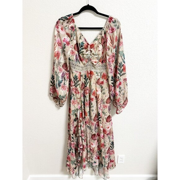 Joyfolie Dresses & Skirts - Joyfolie Floral Maxi Dress Lace Trim V Neck Ruched Front Lace Up Back Small